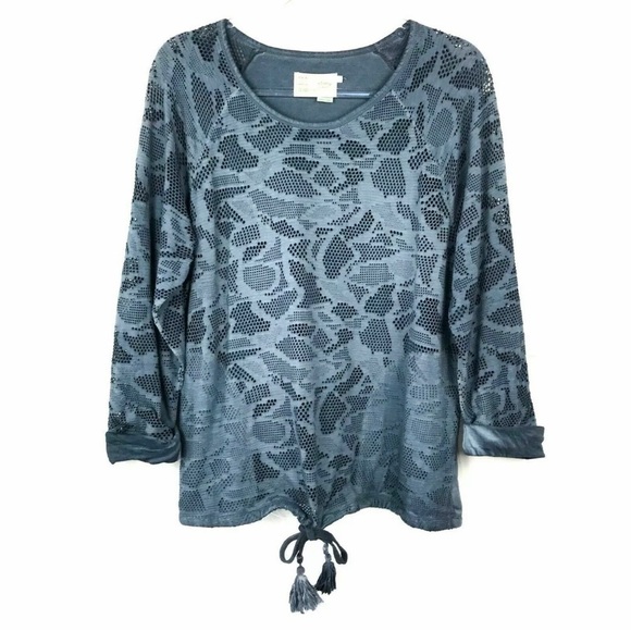 Saturday Sunday Anthropologie Blue Laser Cut Camo Top, Drawstring Waist, Small - Picture 1 of 11